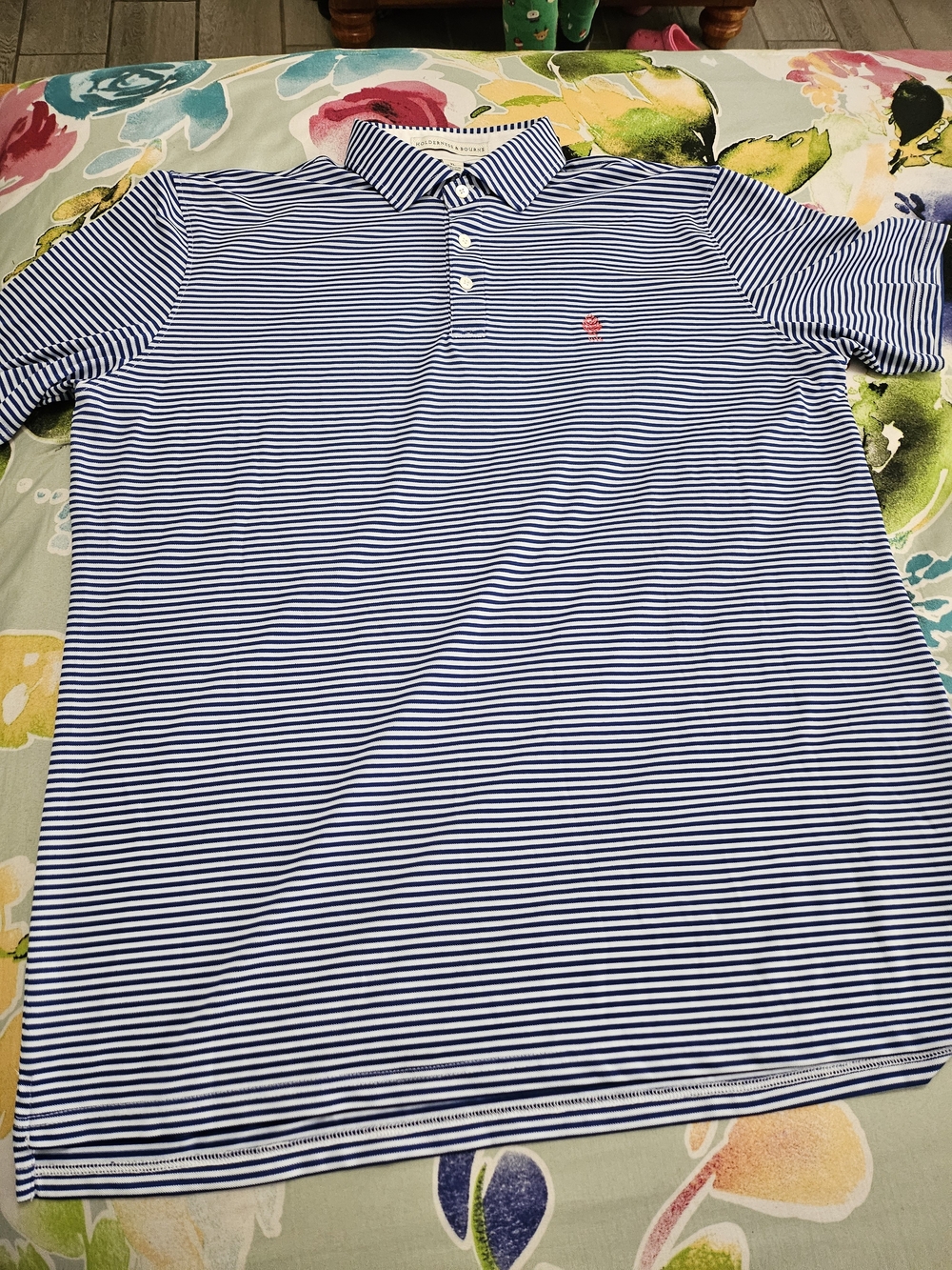 Men's Blue and White Striped Polo with Pink Chest Emblem